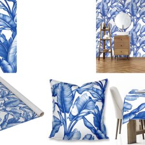 Blue Hampton custom printed fabrics, wallpaper, scatter cushions and tablecloths