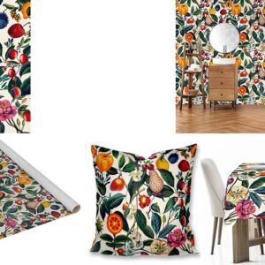 Custom Printed Botanical fabric, wallpaper, scatter cushions and tablecloths