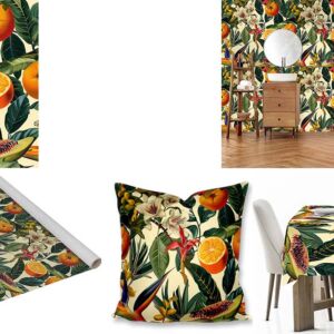 Custom Printed Botanical fabric, wallpaper, scatter cushions and tablecloths