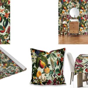Custom Printed Botanical fabric, wallpaper, scatter cushions and tablecloths