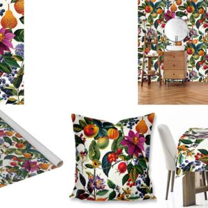 Custom Printed Botanical and Fruit fabric, wallpaper, scatter cushions and tablecloths