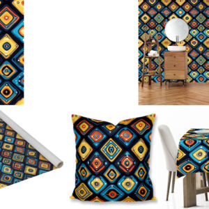 Custom printed ethnic tribal fabric, tablecloths, scatter cushions and wallpaper