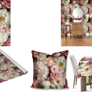 Custom floral printed fabric, scatter cushions, tablecloths and wallpaper
