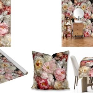 Custom floral printed fabric, scatter cushions, tablecloths and wallpaper