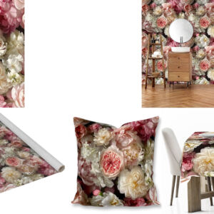 Custom floral printed fabric, scatter cushions, tablecloths and wallpaper