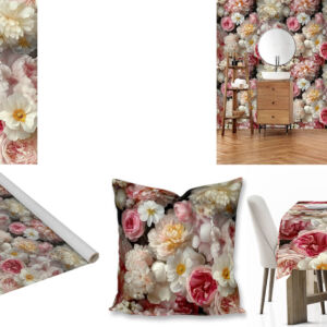 Custom floral printed fabric, scatter cushions, tablecloths and wallpaper
