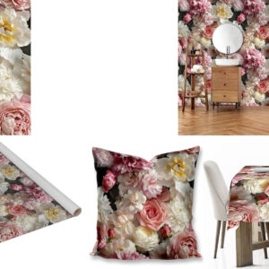 Custom floral printed fabric, scatter cushions, tablecloths and wallpaper