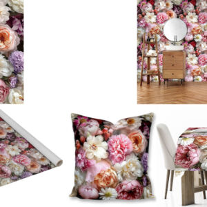 Custom floral printed fabric, scatter cushions, tablecloths and wallpaper