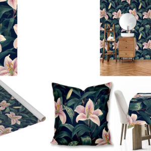 Custom floral printed fabric, scatter cushions, tablecloths and wallpaper