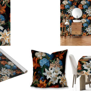 Custom floral printed fabric, scatter cushions, tablecloths and wallpaper