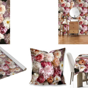 Custom floral printed fabric, scatter cushions, tablecloths and wallpaper