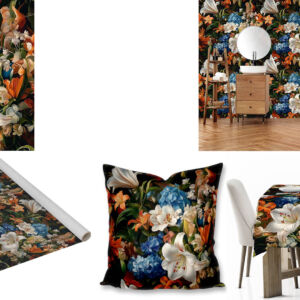 Custom floral printed fabric, scatter cushions, tablecloths and wallpaper