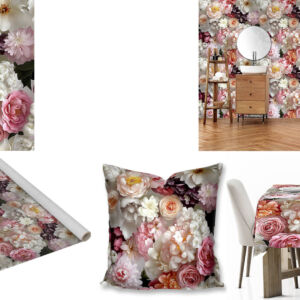 Custom floral printed fabric, scatter cushions, tablecloths and wallpaper