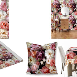 Custom floral printed fabric, scatter cushions, tablecloths and wallpaper