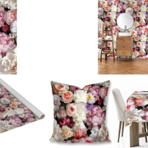 Custom floral printed fabric, scatter cushions, tablecloths and wallpaper